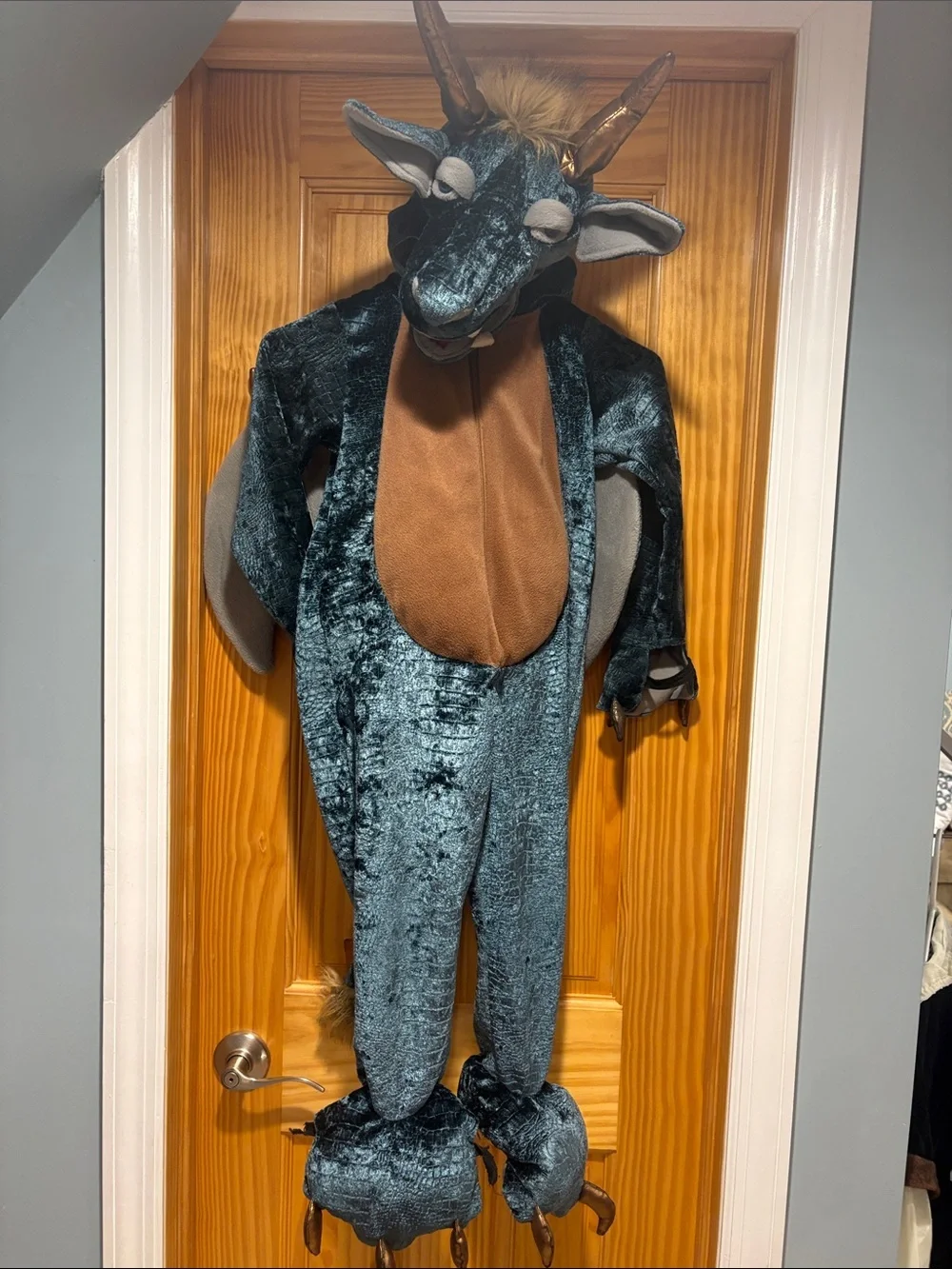 FAO Schwarz Teal and Brown Dragon Costume with Hooded Headpiece